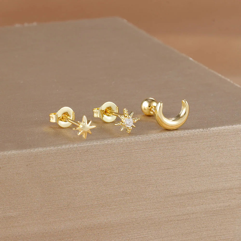 Pendientes de Botón Media Luna y Estrellas en oro