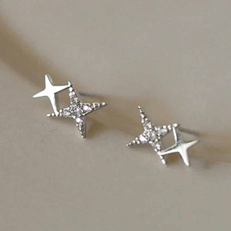Pendientes de botón dobles Estrellas y Circonio plata