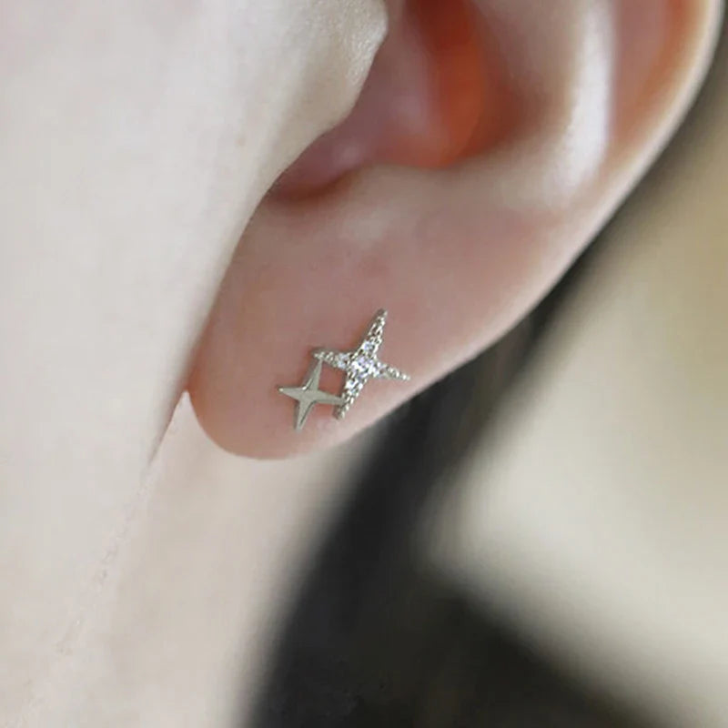 Pendientes de botón dobles Estrellas y Circonio plata