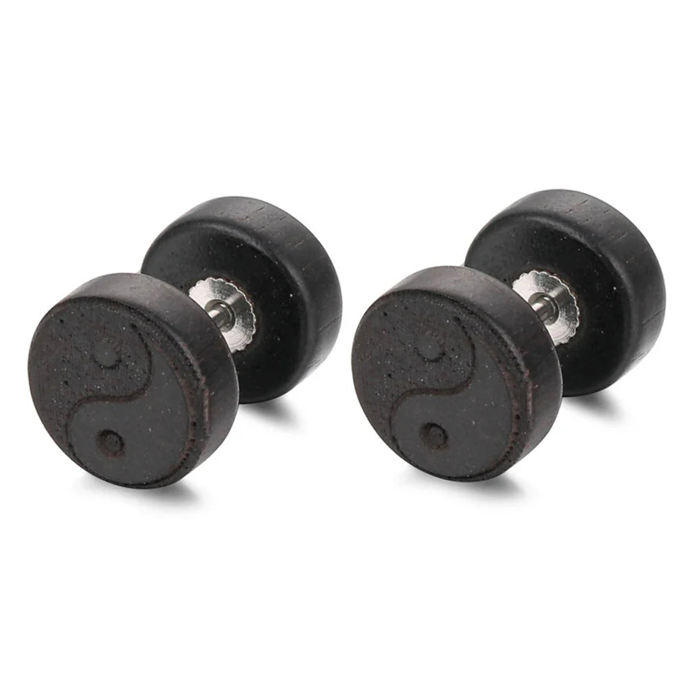 Pendientes de Clavo de Madera Yin Yang negro
