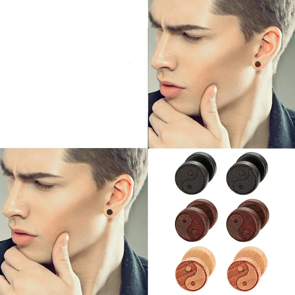Pendientes de Clavo de Madera Yin Yang para hombre