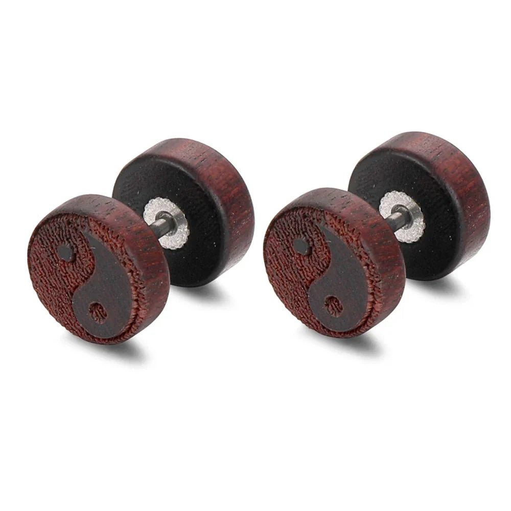 Pendientes de Clavo de Madera Yin Yang marrón