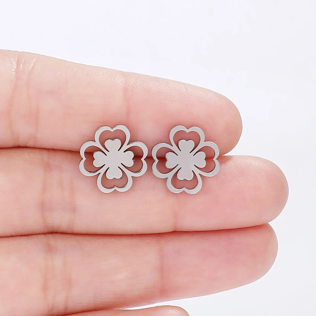 Pendientes de Botón en Hoja de Trébol de 4 Hojas plata