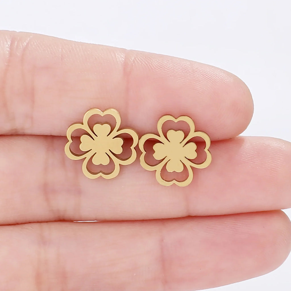 Pendientes de Botón en Hoja de Trébol de 4 Hojas oro