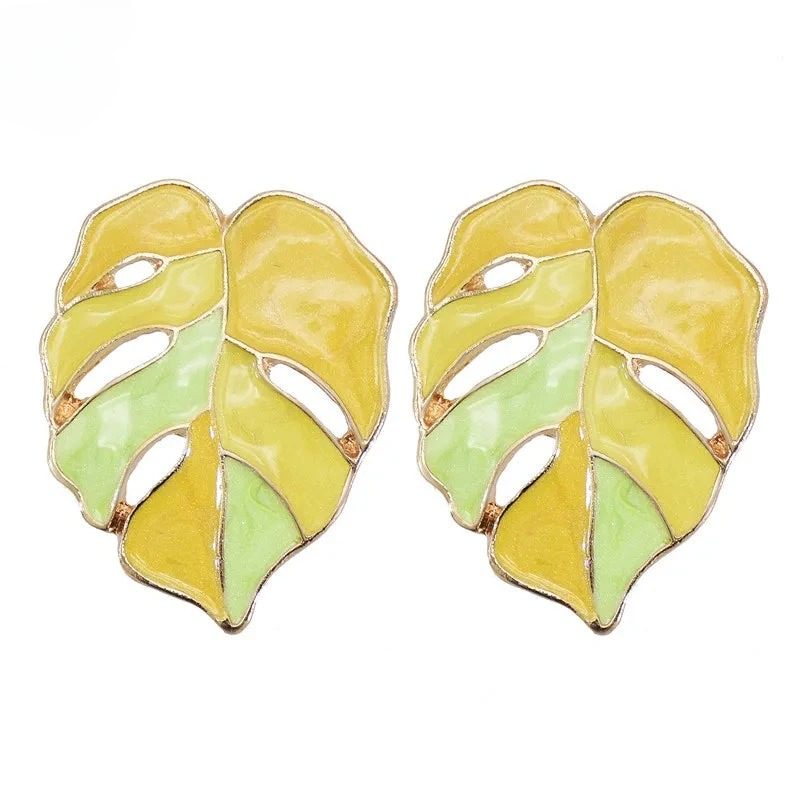 Pendientes de botón Hoja de Palma amarillo