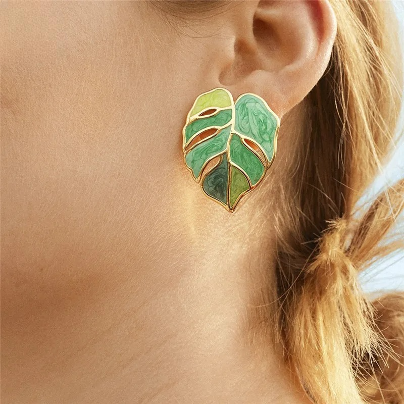 Pendientes de botón Hoja de Palma verde