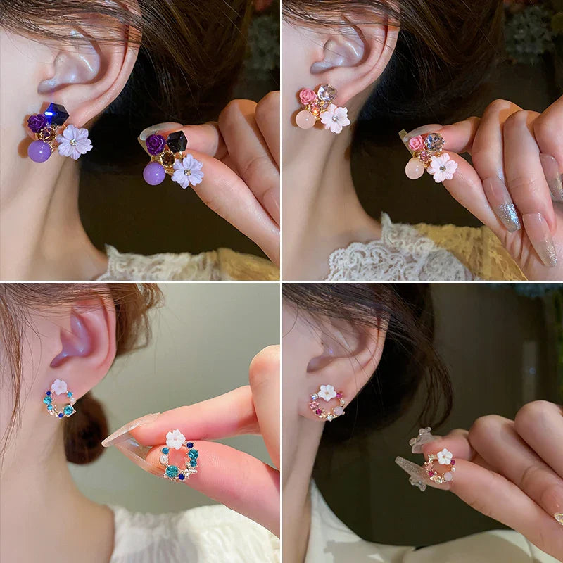 Pendientes de botón Flores y Perlas rosa 1