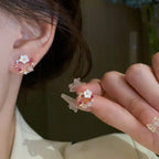 Pendientes de botón Flores y Perlas rosa