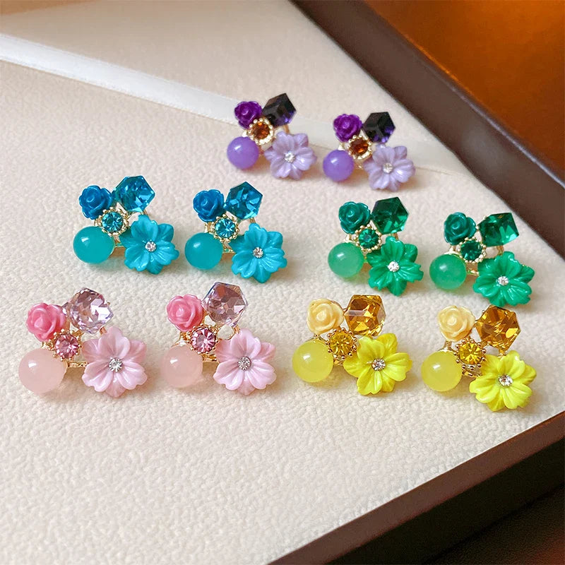 Pendientes de botón Flores y Perlas violeta 1