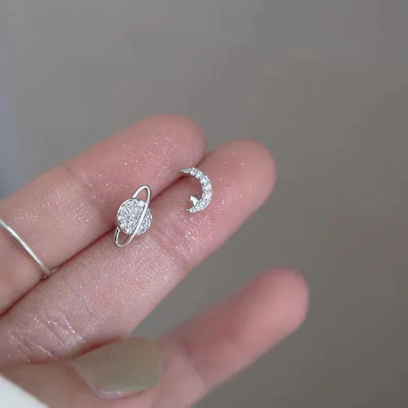 Pendientes de botón Luna y Esfera en Zirconio plata