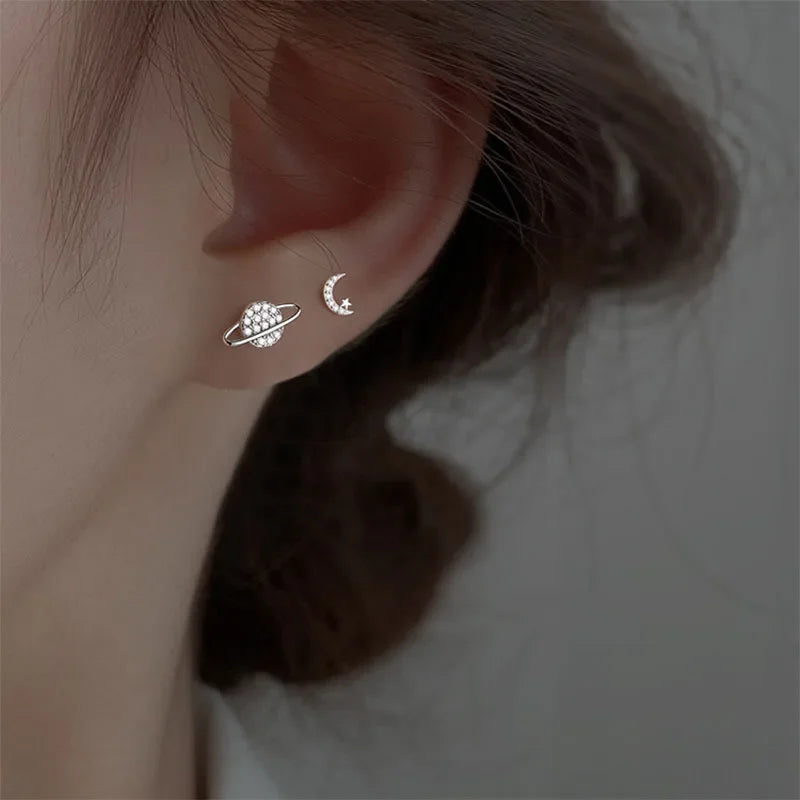 Pendientes de botón Luna y Esfera en Zirconio plata