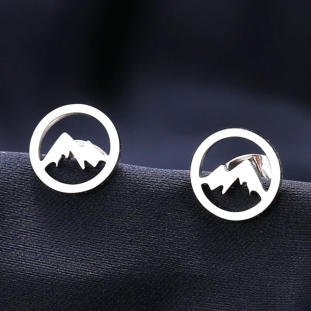 Pendientes de botón redondos Montañas para Mujer u Hombre plata