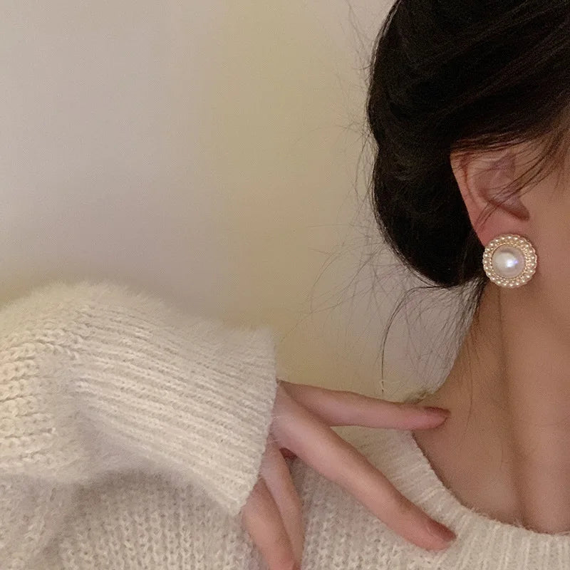 Pendientes de Botón Vintage con Perla