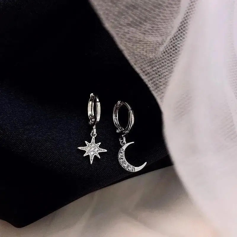 Pendientes Aros Estrella y Luna con Circonio plateados