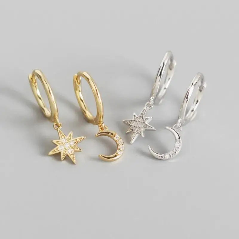 Pendientes Aros Estrella y Luna con Circonio dorados