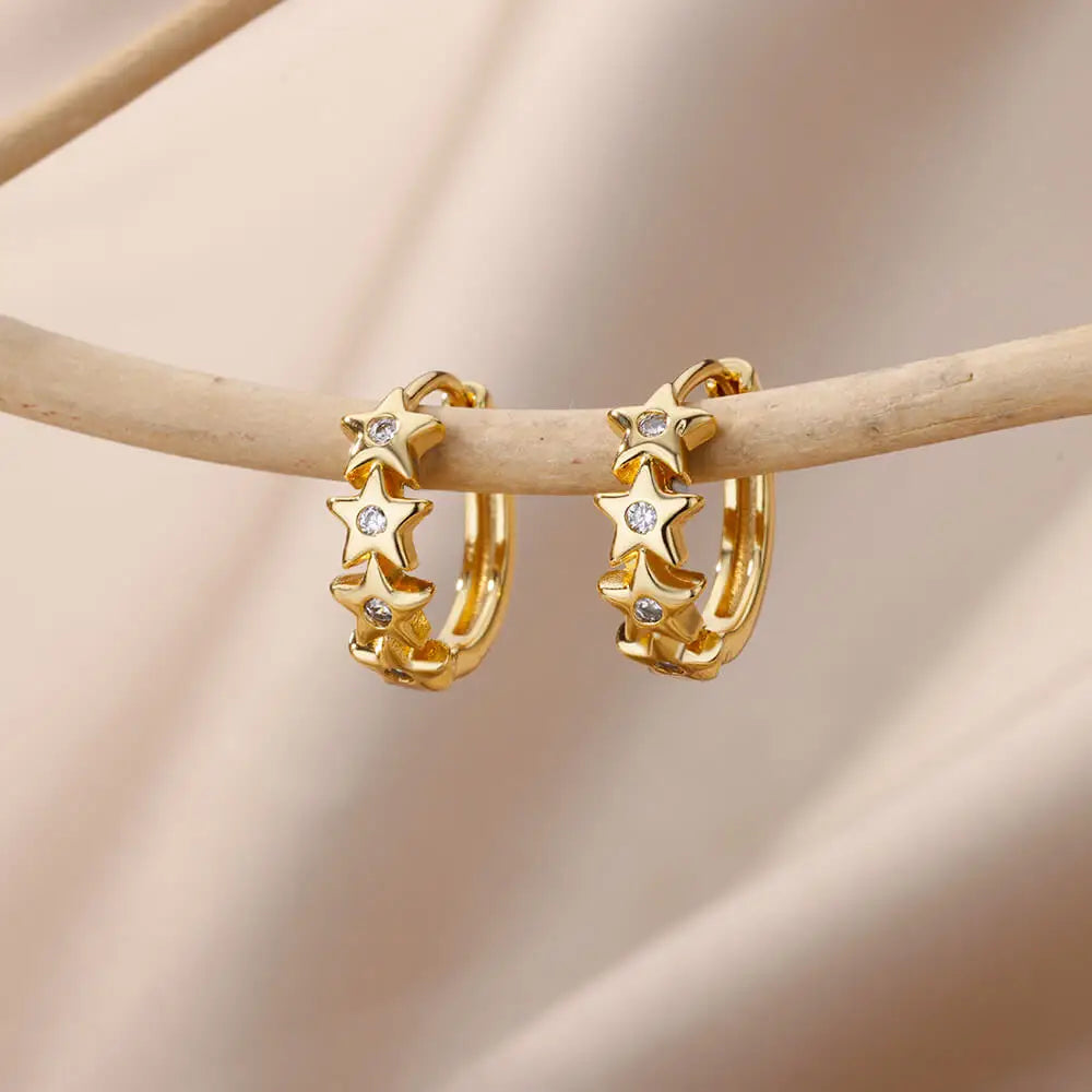 Pendientes Aros Estrellas con Circonio dorados