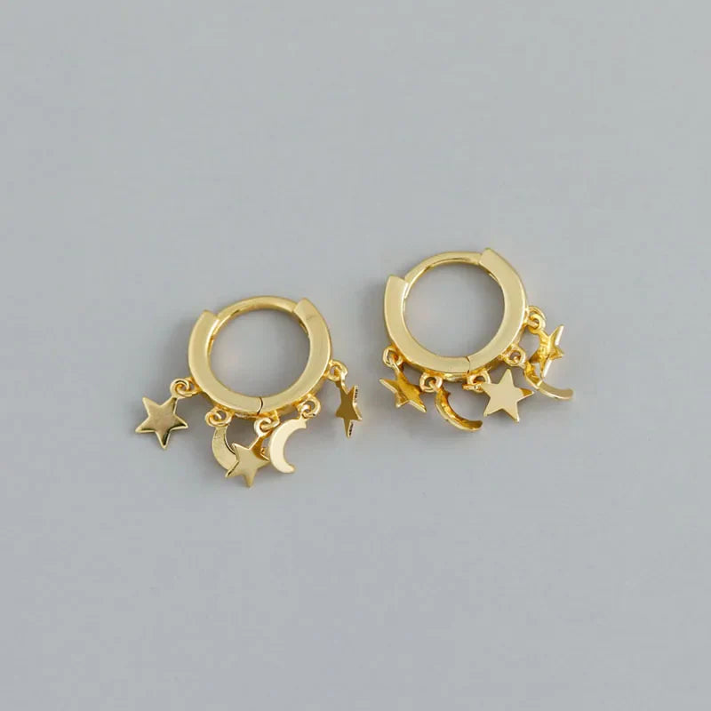 Pendientes Aro Estrellas y Lunas colgantes oro