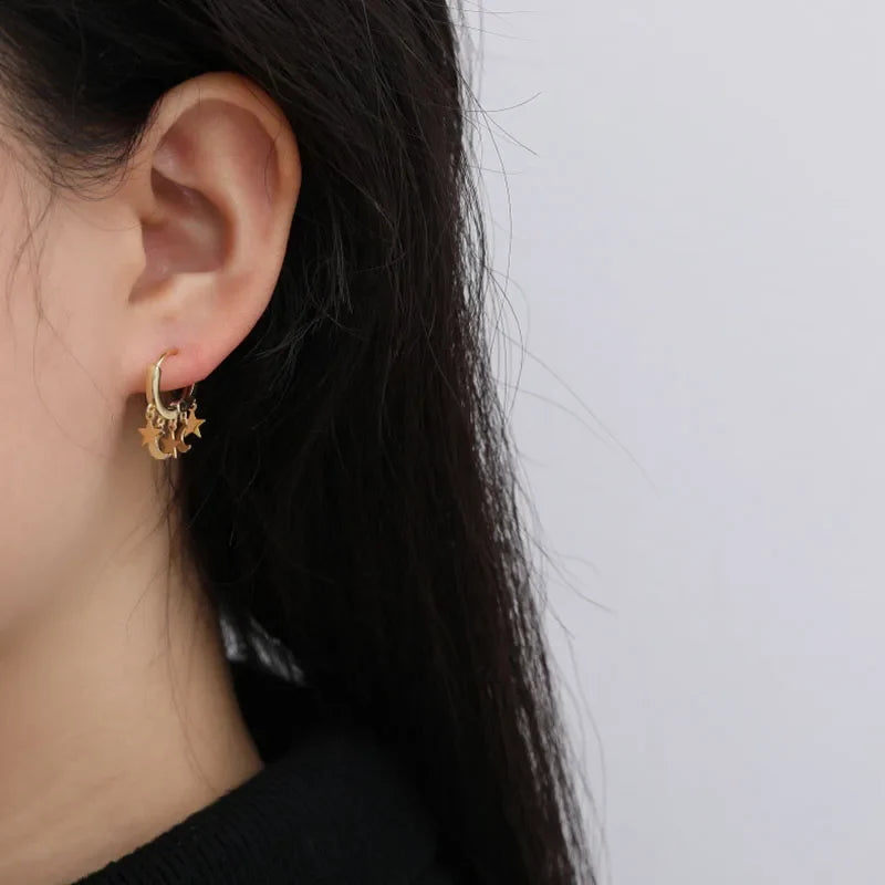 Pendientes Aro Estrellas y Lunas colgantes oro