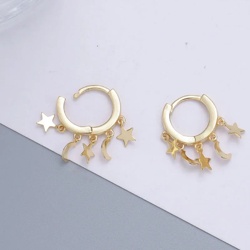 Pendientes Aro Estrellas y Lunas colgantes oro