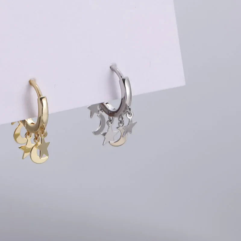 Pendientes Aro Estrellas y Lunas colgantes plata