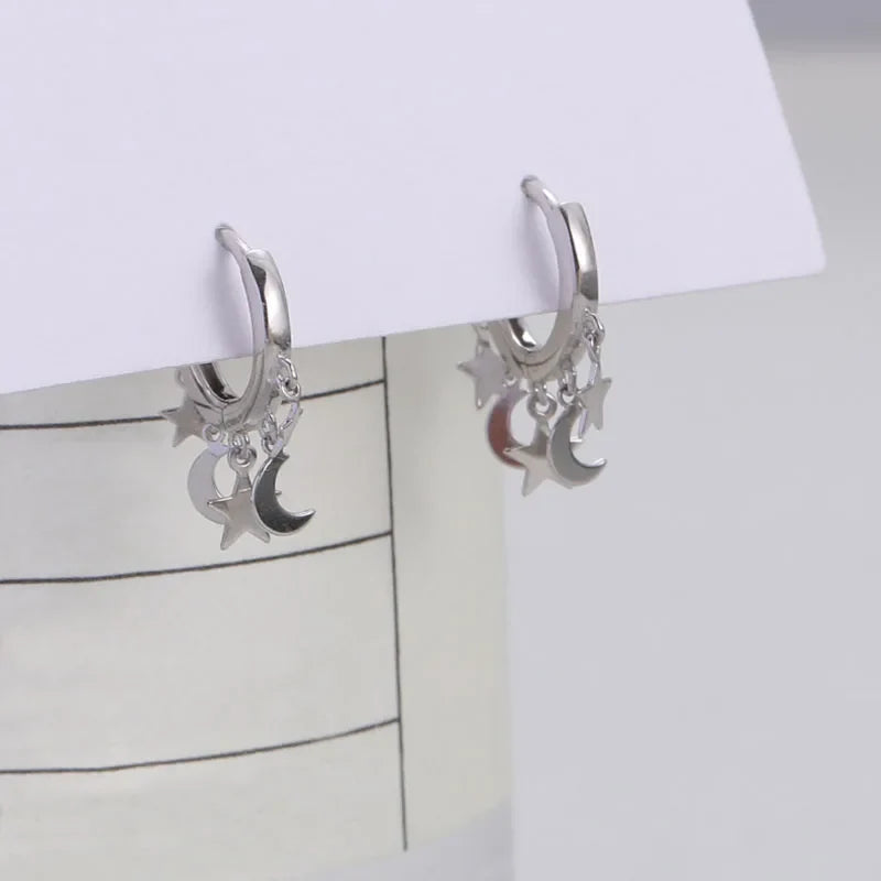 Pendientes Aro Estrellas y Lunas colgantes plata
