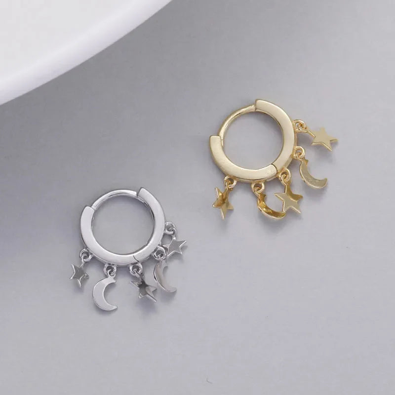 Pendientes Aro Estrellas y Lunas colgantes plata