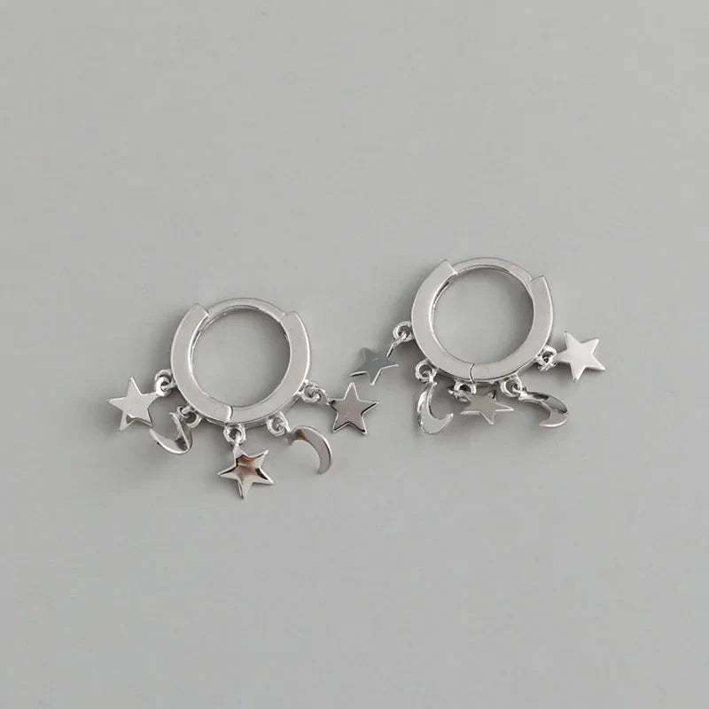 Pendientes Aro Estrellas y Lunas colgantes plata