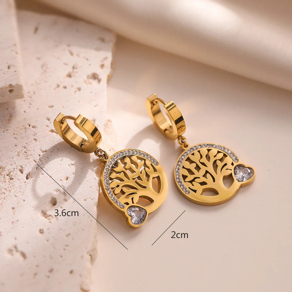 Pendientes de Aro Colgantes Árbol de la Vida Corazón blanco