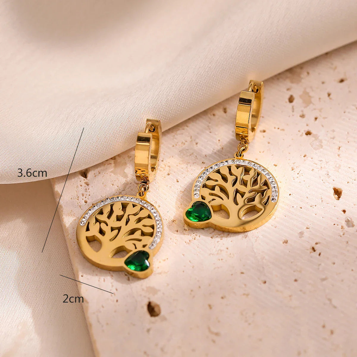 Pendientes de Aro Colgantes Árbol de la Vida Corazón verde