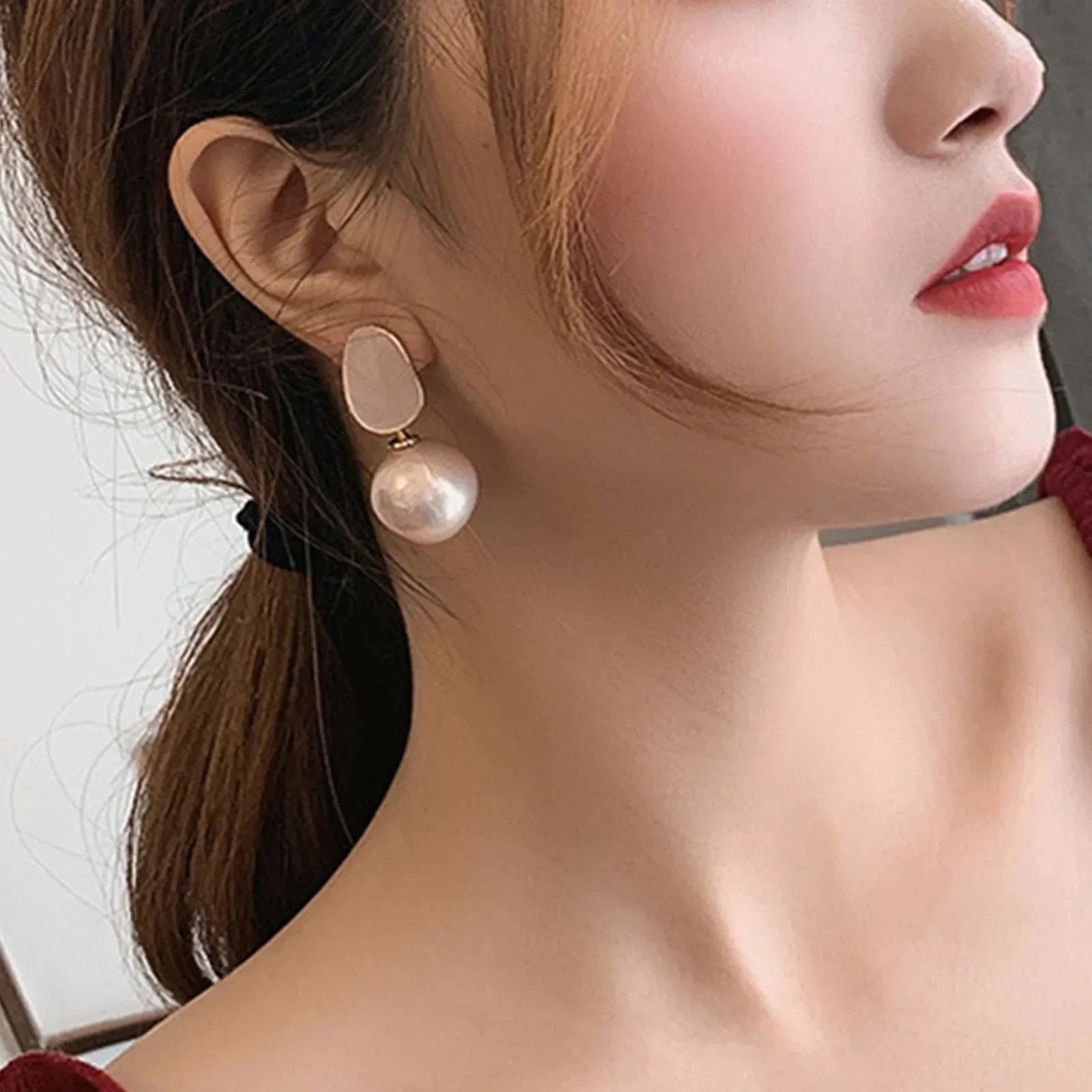Pendientes de Estilo Retro con Perlas Blancas rosa