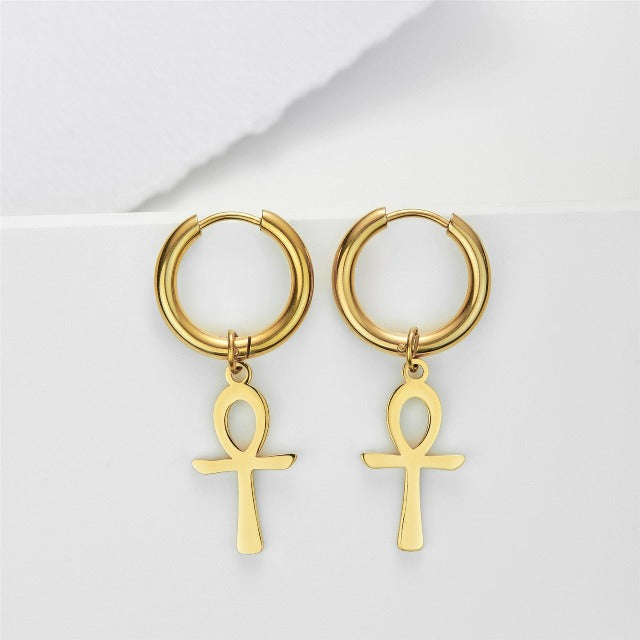 Aretes Egipcios Cruz de Ankh para Mujer en Oro