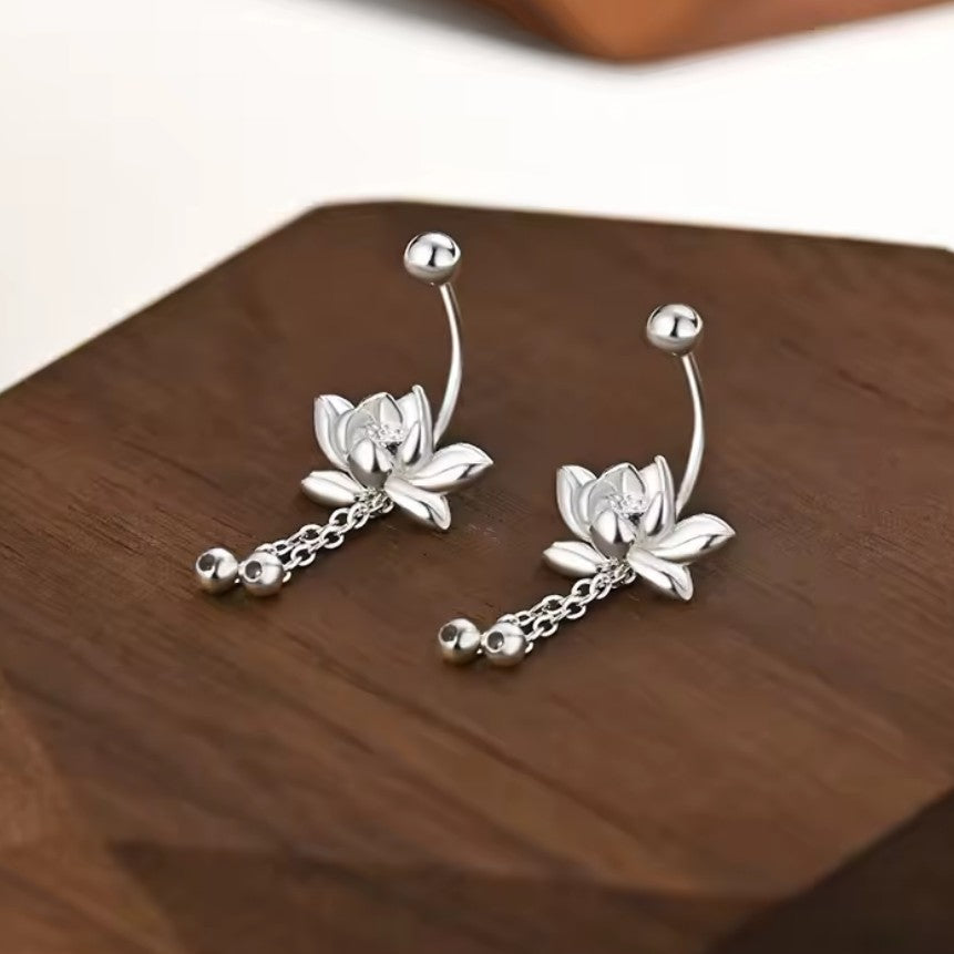 Pendientes Colgantes Flor de Loto Plateados de Mujer