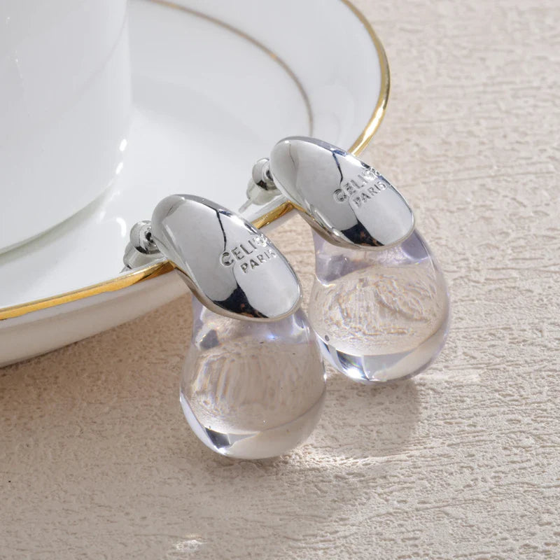 Pendientes de Clavo Gota de Agua Transparente plata