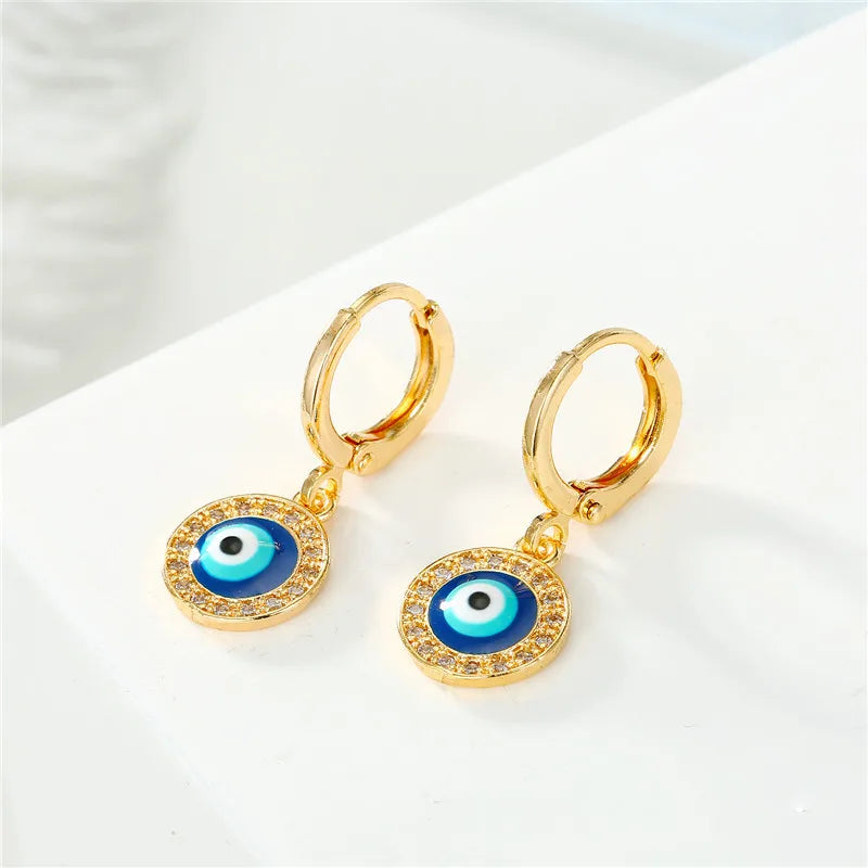 Pendientes Ojo Malo Azul con Strass Redondos Oro