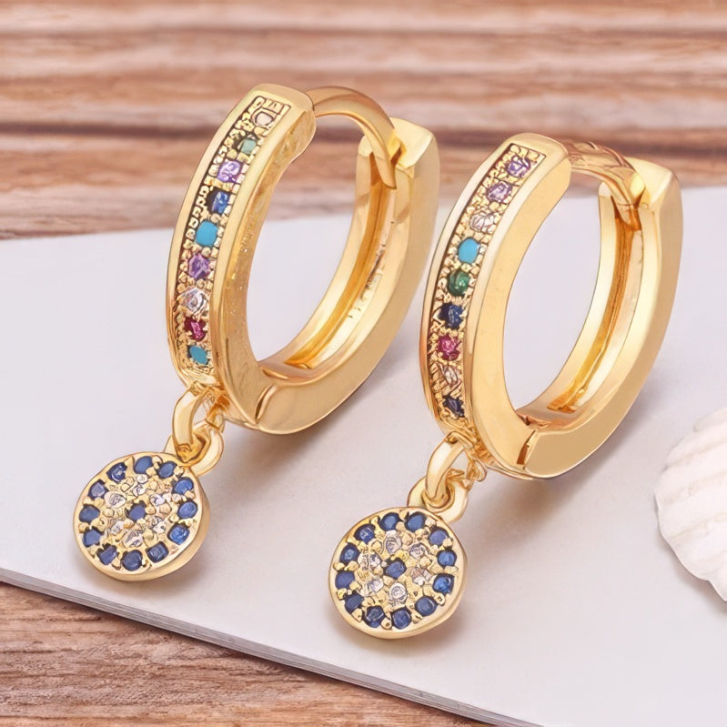 Pendientes Redondos Mal de Ojo Azul Circonita Estilo Bohemio