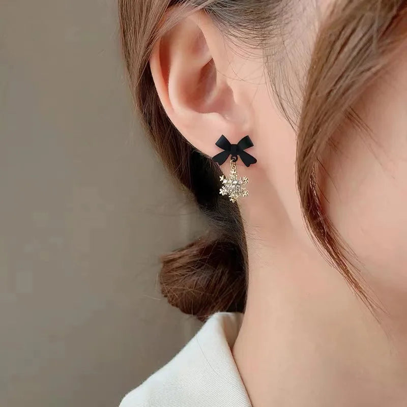 Pendientes de Lazo Copo de Nieve Invierno Mujer negro