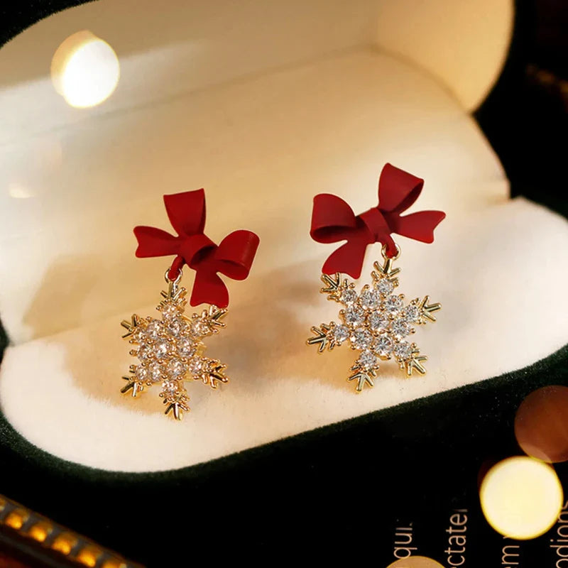 Pendientes de Lazo Copo de Nieve Invierno Mujer rojo