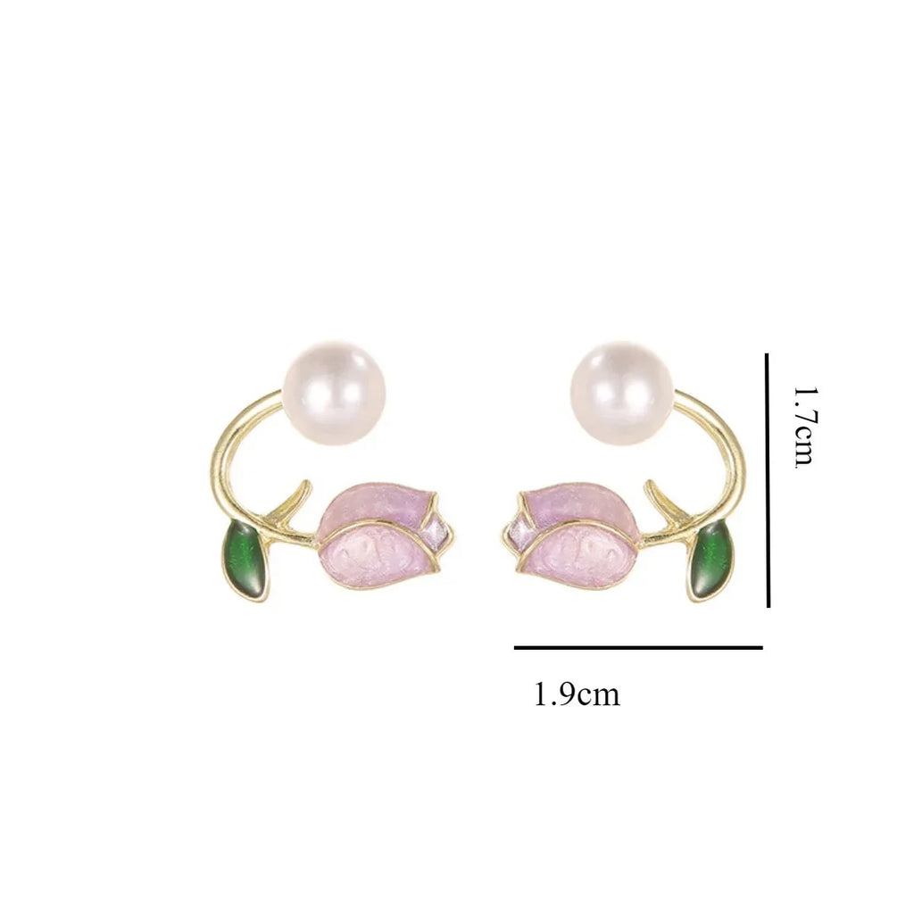 Pendientes Colgantes Flor de Tulipán y Perla rosa
