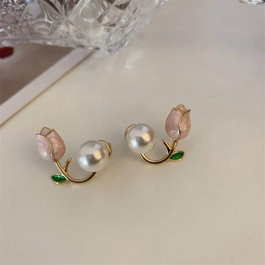 Pendientes Colgantes Flor de Tulipán y Perla rosa