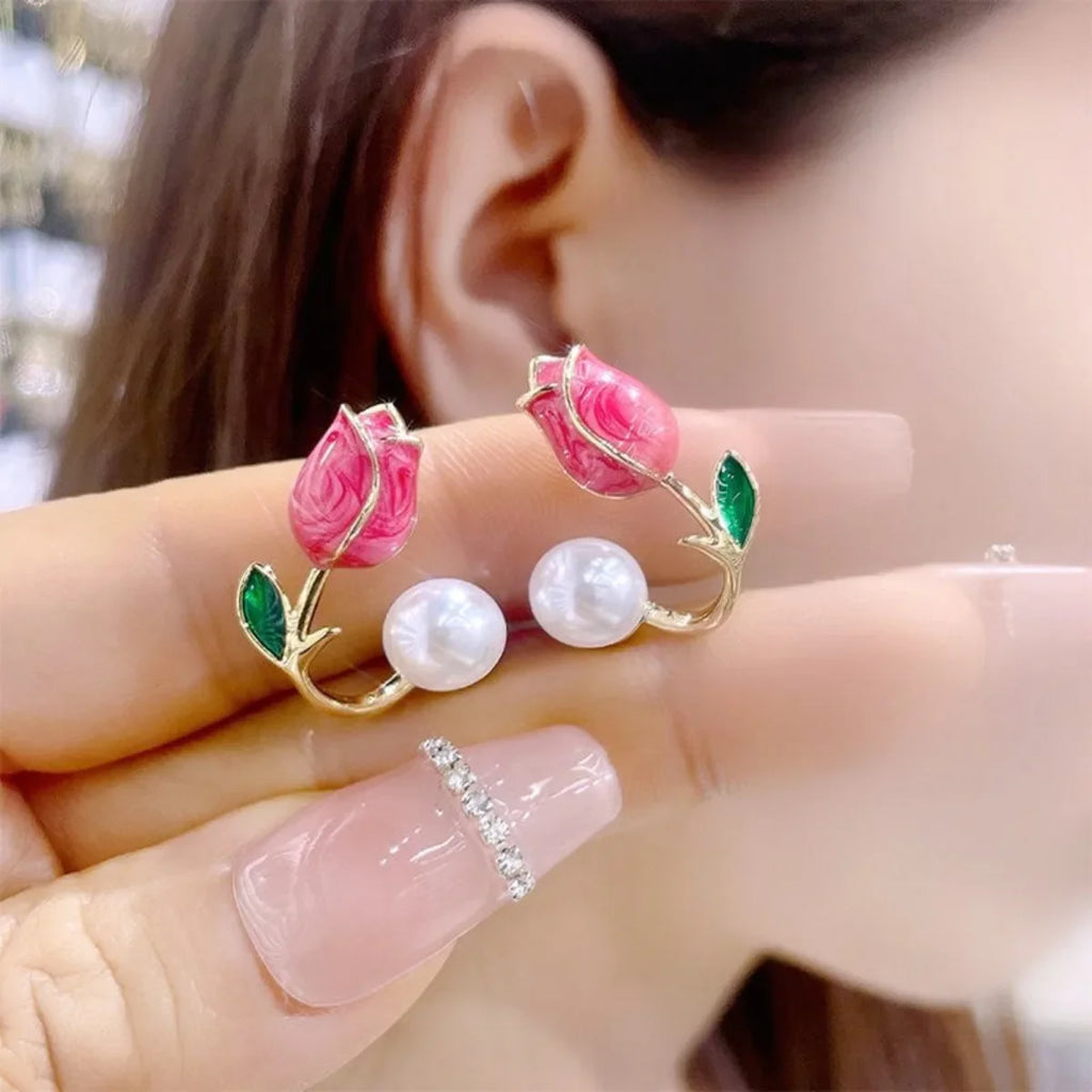Pendientes Colgantes Flor de Tulipán y Perla roja