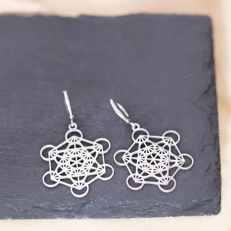 Pendientes Colgantes Plateados Cubo de Metatrón