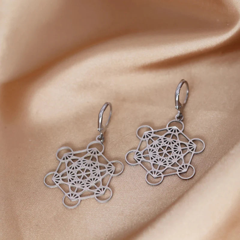 Pendientes Colgantes Plateados Cubo de Metatrón