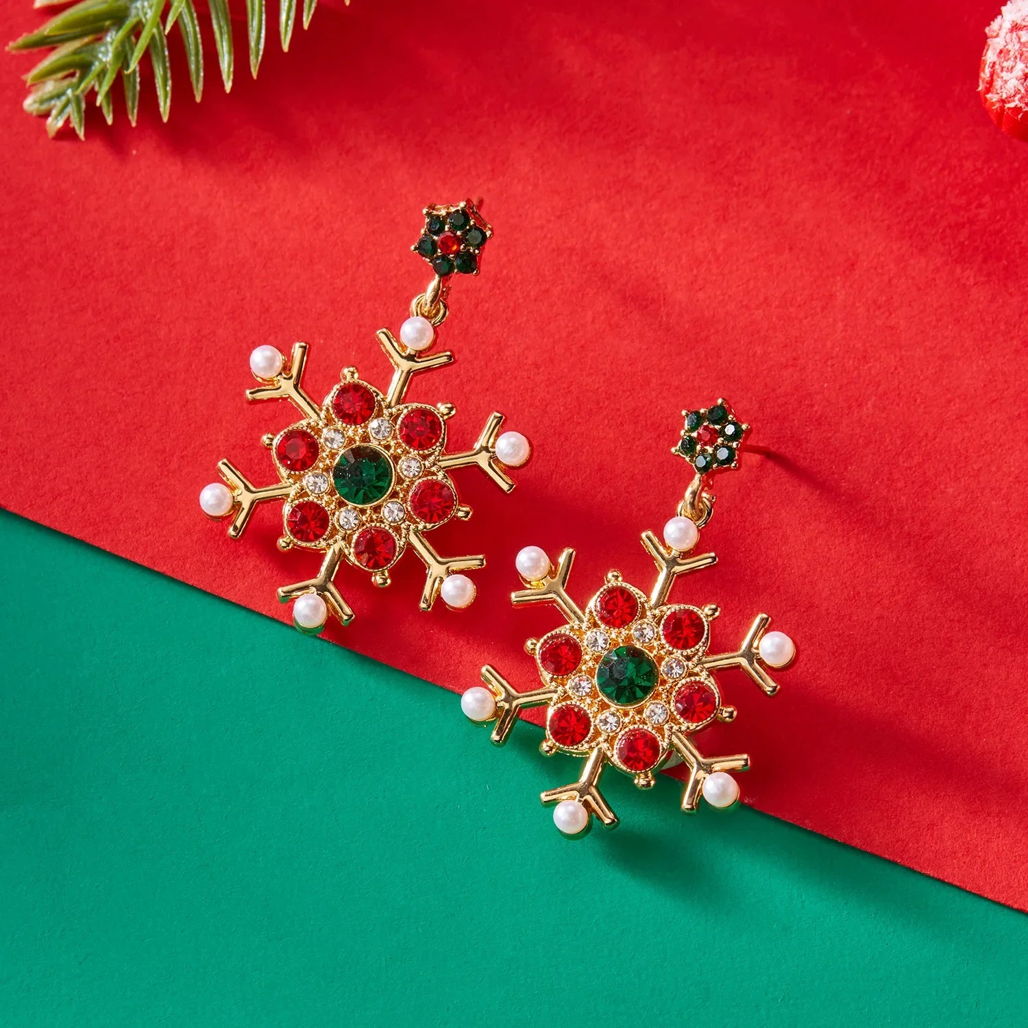 Pendientes Colgantes con Copo de Nieve rojo