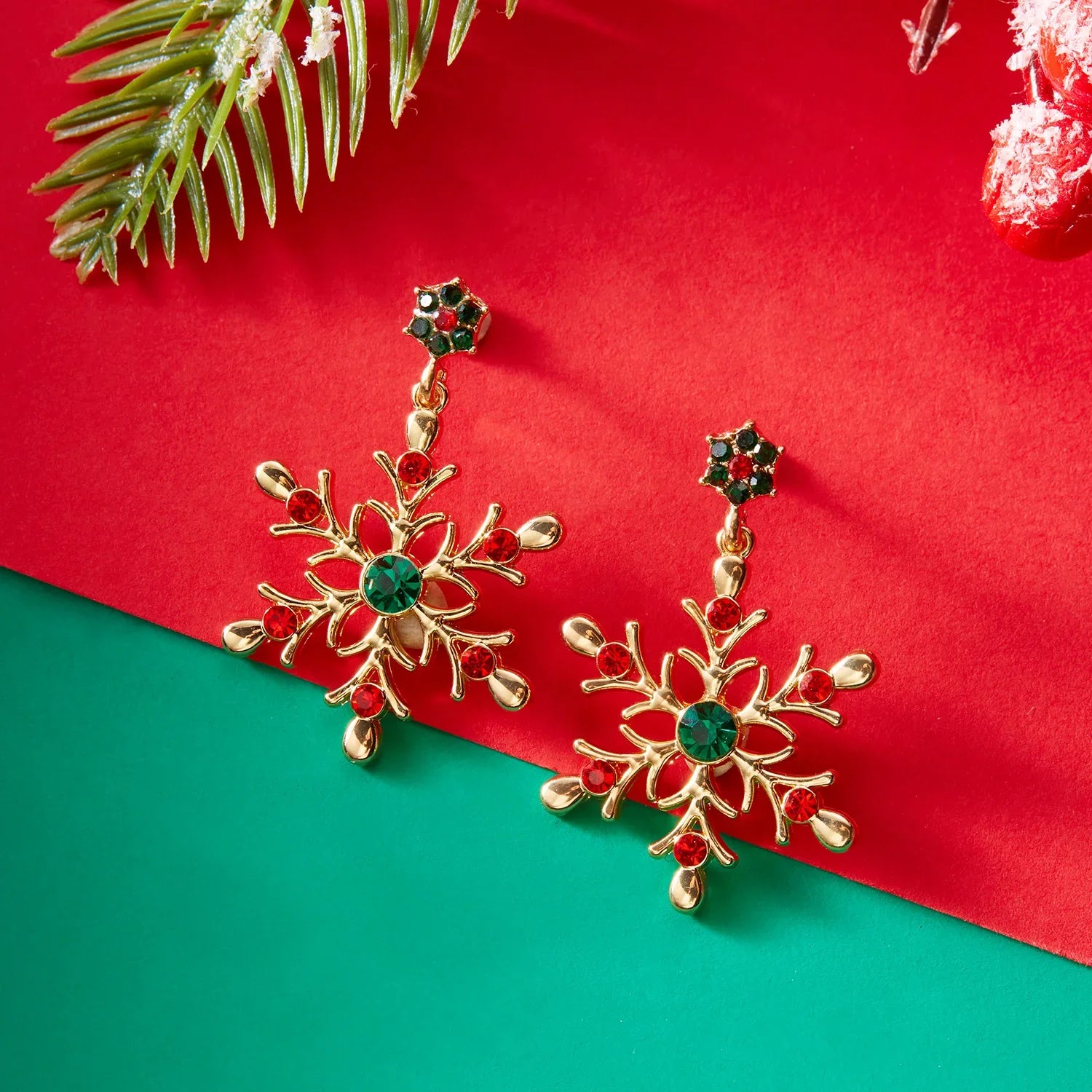 Pendientes Colgantes con Copo de Nieve rojo y verde