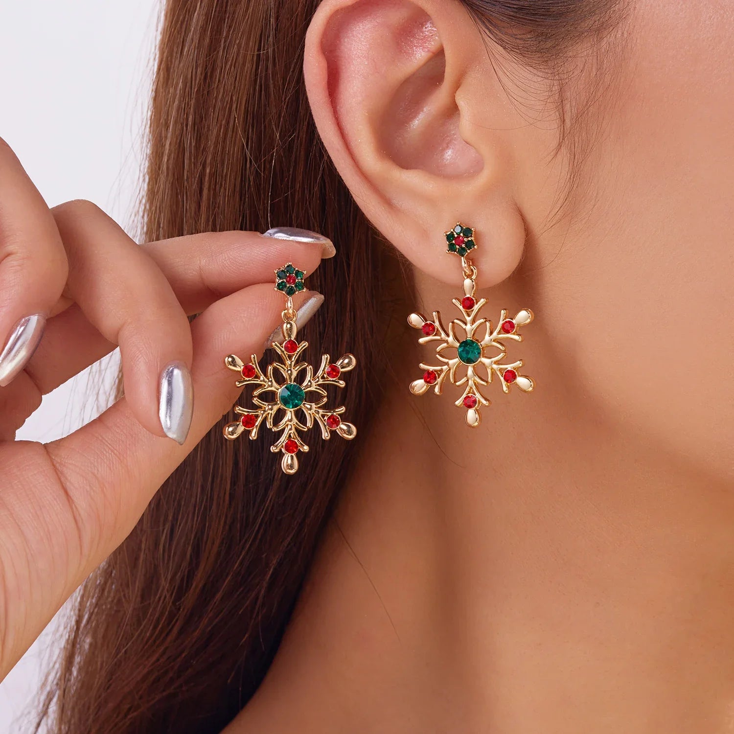 Pendientes Colgantes con Copo de Nieve rojo y verde