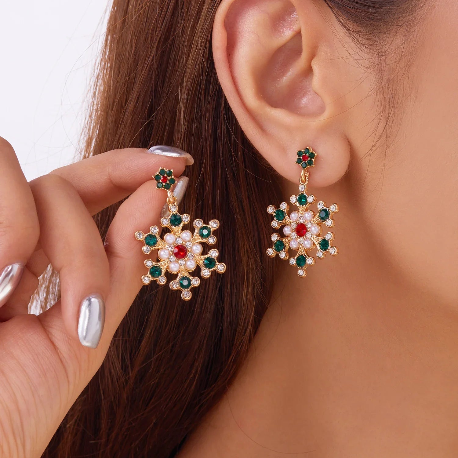 Pendientes Colgantes con Copo de Nieve verde y blanco