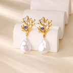 Pendientes Colgantes Coral con Perla y Circón azul