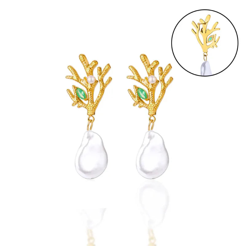 Pendientes Colgantes Coral con Perla y Circón verde