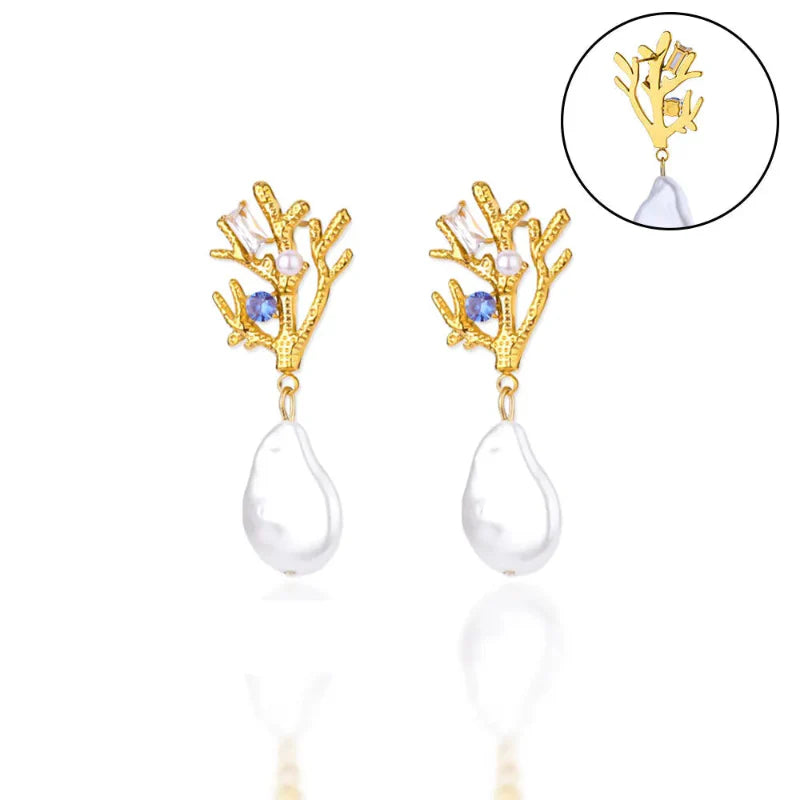 Pendientes Colgantes Coral con Perla y Circón azul