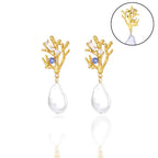 Pendientes Colgantes Coral con Perla y Circón azul